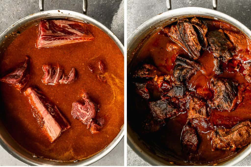 Beef roast and short ribs added to a chile sauce, then braised until meat is tender.