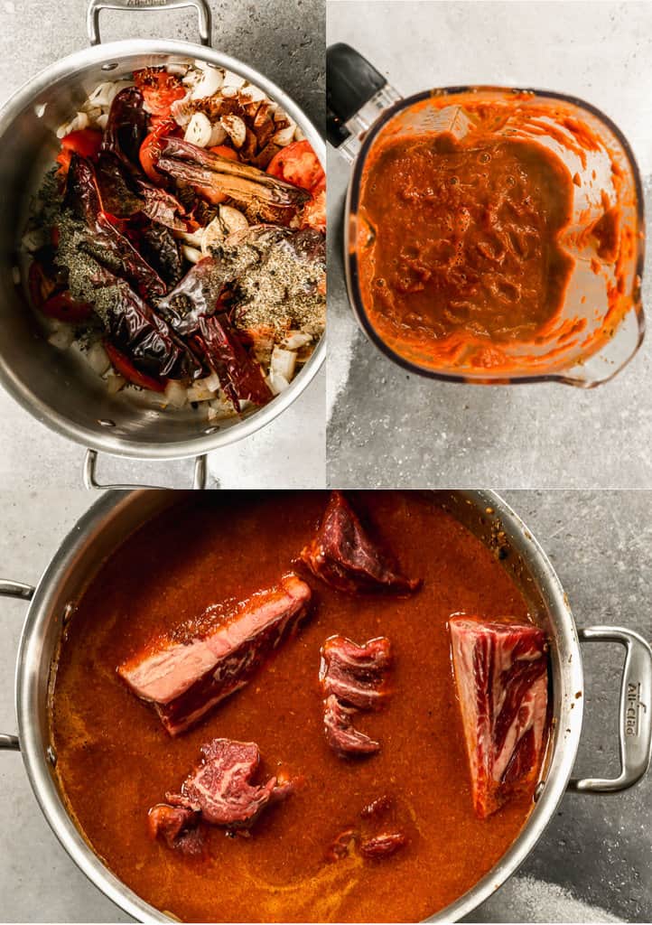 Three process photos for making meat and sauce for birria tacos.