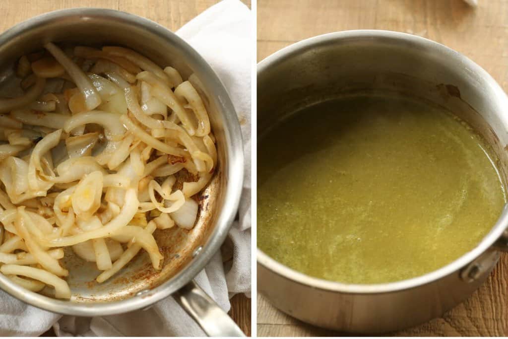 Onion sautéing in a pan, next to a photo of salsa verde in the saucepan.