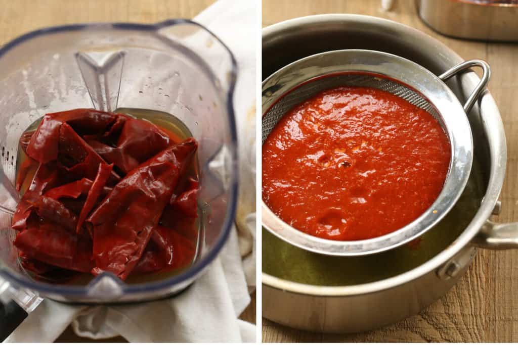 Softened chiles in a blender next to a photo of the blended salsa rojo in a fine mesh strainer over a saucepan.