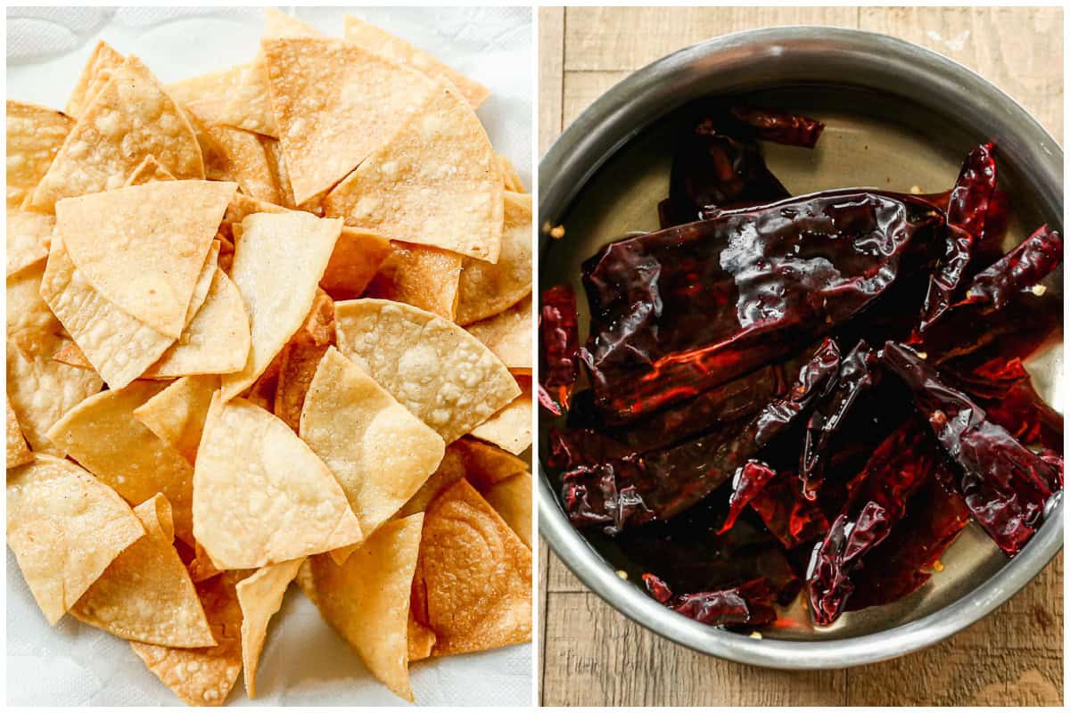 Two images showing corn tortilla wedges draining on a paper towel after frying then dried chiles soaking in water to soften.