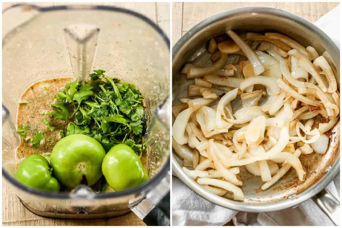 Two images showing chicken broth, garlic, tomatillos, cilantro, and spices in a blender for a green sauce then sliced onions cooked in a pan for homemade chilaquiles. 