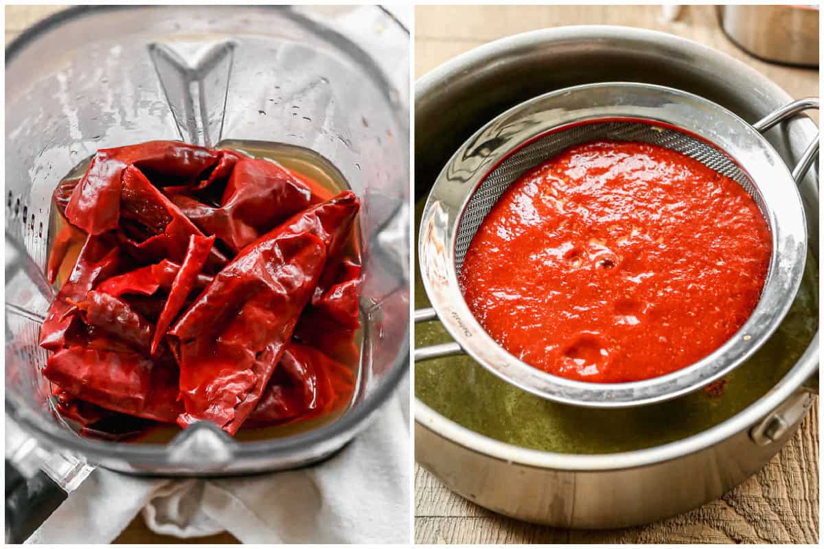 Two images showing a homemade red sauce from chiles being blended then strained into the green sauce to make the best chilaquiles sauce. 