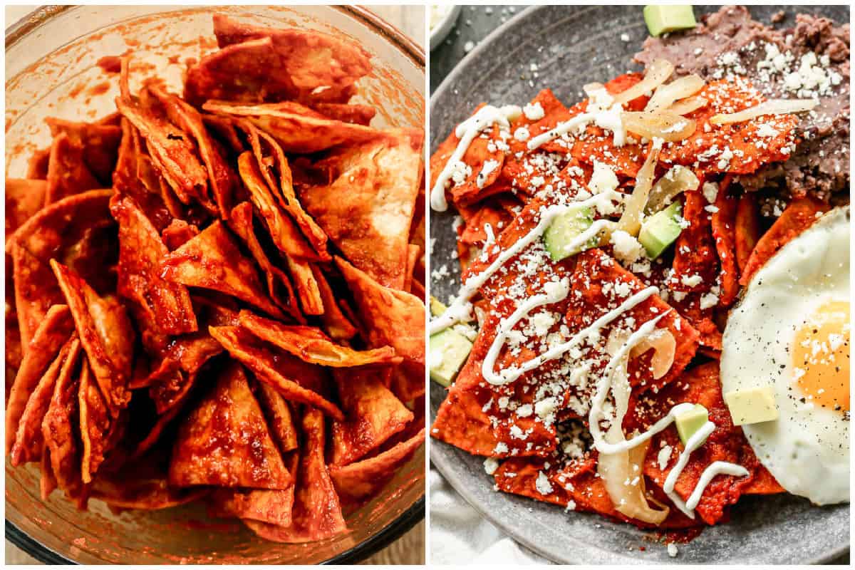 Two images showing how to make chilaquiles by tossing the fried corn tortillas in a homemade sauce then topped with queso fresco, crema, avocado, onions, and a fried egg. 