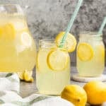 This homemade Lemonade recipe only uses 3 simple ingredients and is flavorful and easy to customize exactly to your liking. Enjoy it all summer long for BBQ's, potlucks, or just at home on a sunny day!