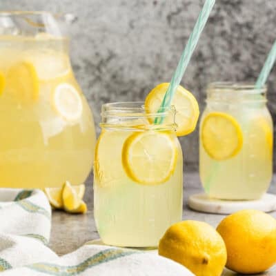 This homemade Lemonade recipe only uses 3 simple ingredients and is flavorful and easy to customize exactly to your liking. Enjoy it all summer long for BBQ's, potlucks, or just at home on a sunny day!
