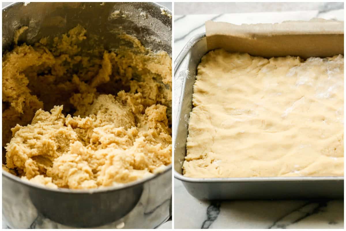 Two images showing how to make sugar cookie bars by making cookie dough and pressing it into a baking dish.