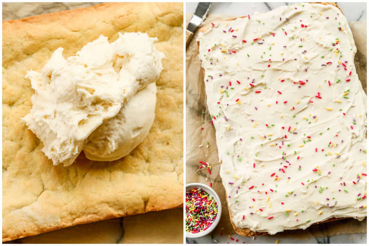 Two images showing an easy sugar cookie bar recipe being frosted with cream cheese frosting then after sprinkles are added, before cutting to serve.