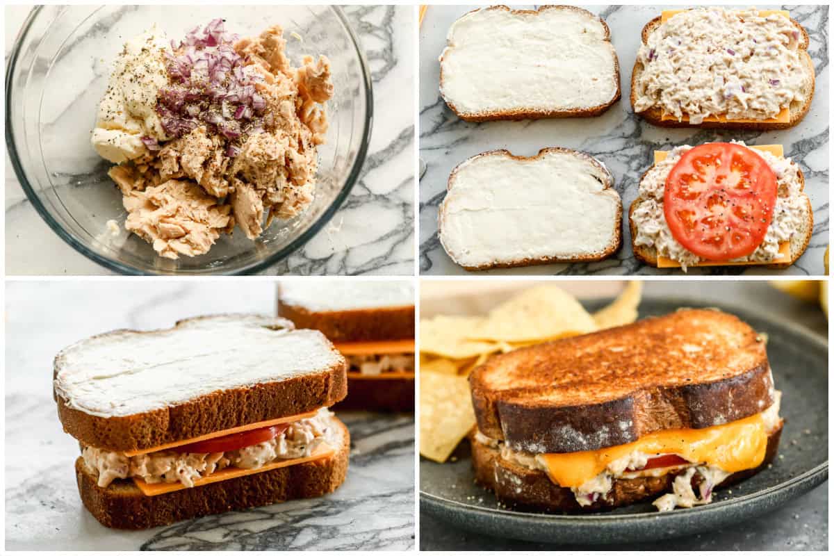 Learn how to make a tuna melt sandwich by mixing a flavorful tuna salad then assembling sandwiches and cooking until golden and crispy.