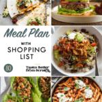 A collage of dinner recipe images that comprise a weekly meal plan
