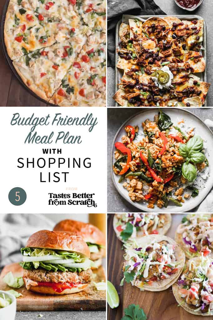 a collage of 5 meals from budget friendly meal plan 5
