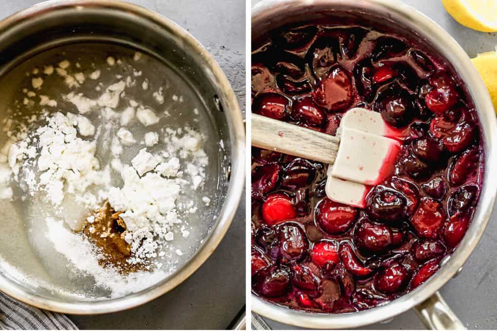 Two process photos for how to make cherry filling for cherry cobbler.