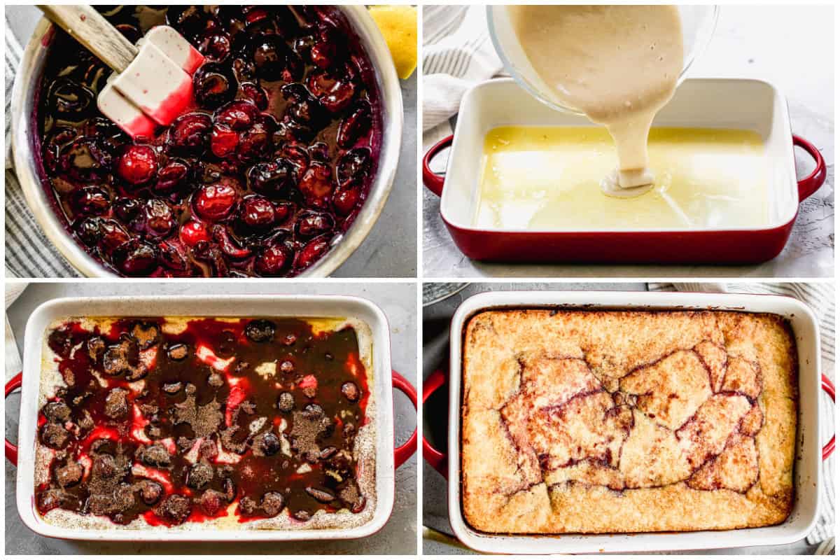 Four images showing how to make the best cherry cobbler recipe by making the filling, pouring the cake in, spooning on the cherries, then baking until golden.