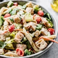 This high protein chicken caesar pasta salad recipe has everything you love about caesar salad with pasta to make it a hearty, fresh, and light meal perfect for summer!