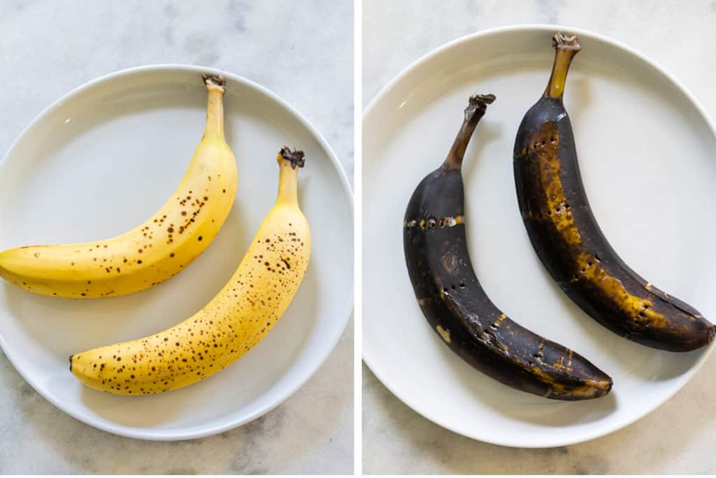 Two images showing bananas on a plate before and after they are microwaved.