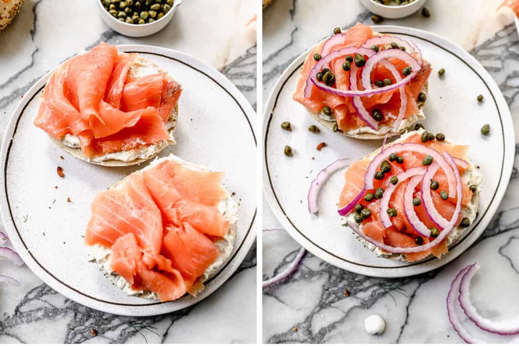 Two process photos showing a cream cheese bagel with smoked salmon, and then topped with red onions, capers, and fresh dill.