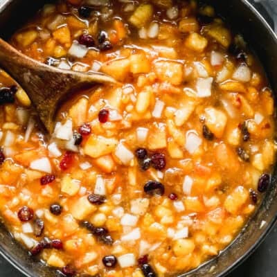 An easy Peach Chutney recipe cooked in a large pot and ready to use.