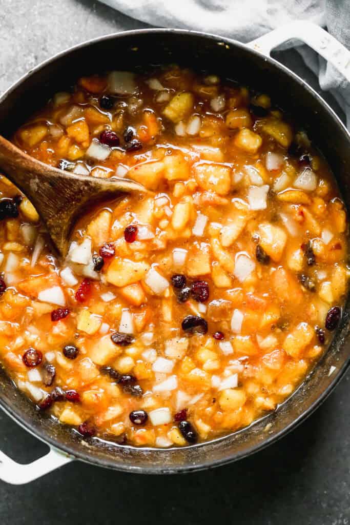 An easy Peach Chutney recipe cooked in a large pot and ready to use.