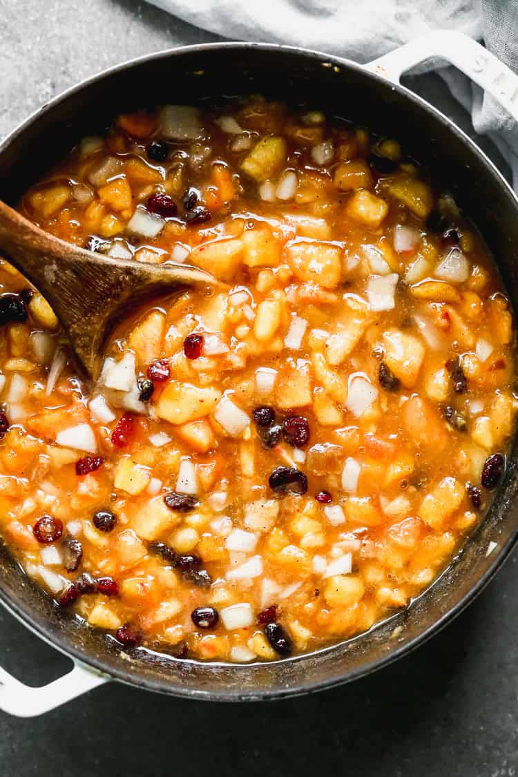An easy Peach Chutney recipe cooked in a large pot and ready to use.