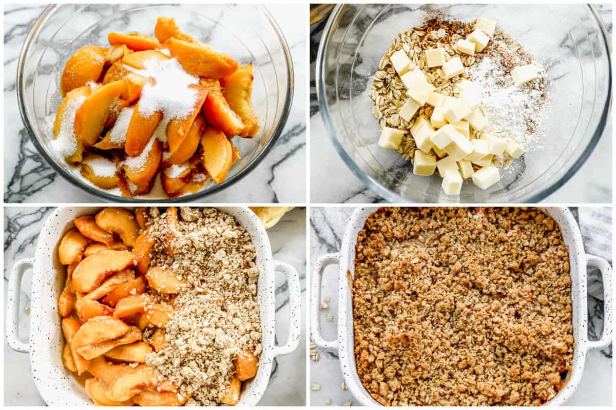 The best Peach Crisp recipe has juicy peaches in it's natural sweet juices topped with a buttery oat crumble and baked until golden. Make sure to serve it warm with vanilla ice cream!