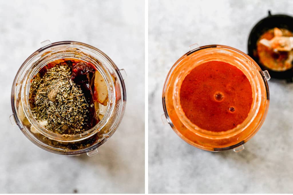 Two images showing ingredients in a blender, and then blended for the sauce for Chicken Tinga.