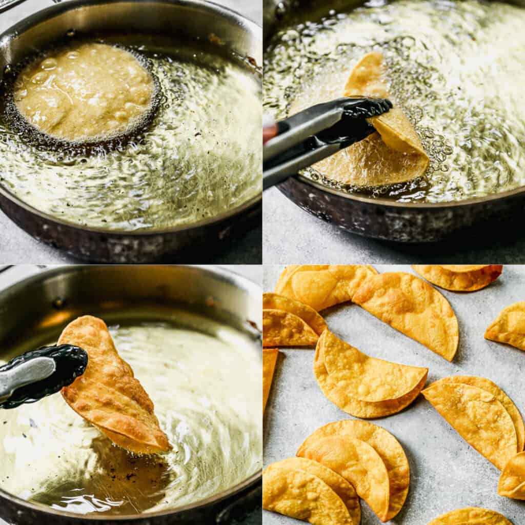 Un collage di quattro immagini che mostra il processo di frittura delle tortillas di mais per croccanti Tacos di manzo macinato.