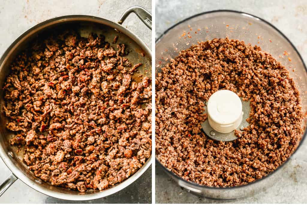 Two images showing cooked ground beef and sausage, and then the meat in a food processor in tiny pieces.