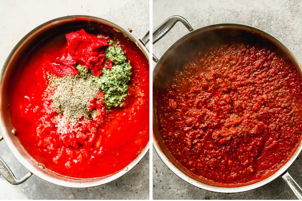 A fresh red sauce for Homemade Lasagna with all the ingredients poured on top, and then a picture of it mixed together.