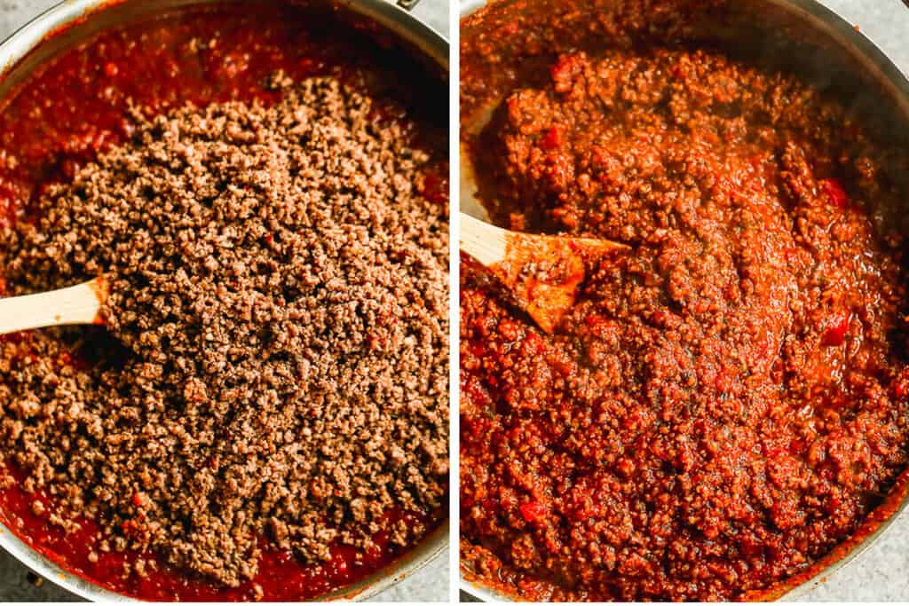 A picture on the left of a red sauce in a pan with cooked ground beef and sausage dumped on top, and then a picture on the right of the sauce mixed together for Homemade Lasagna.