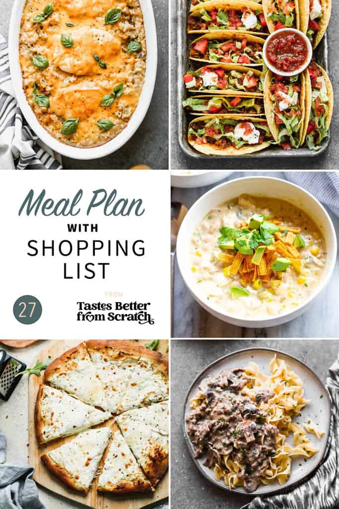 A collage of 5 dinner recipes from meal plan 27