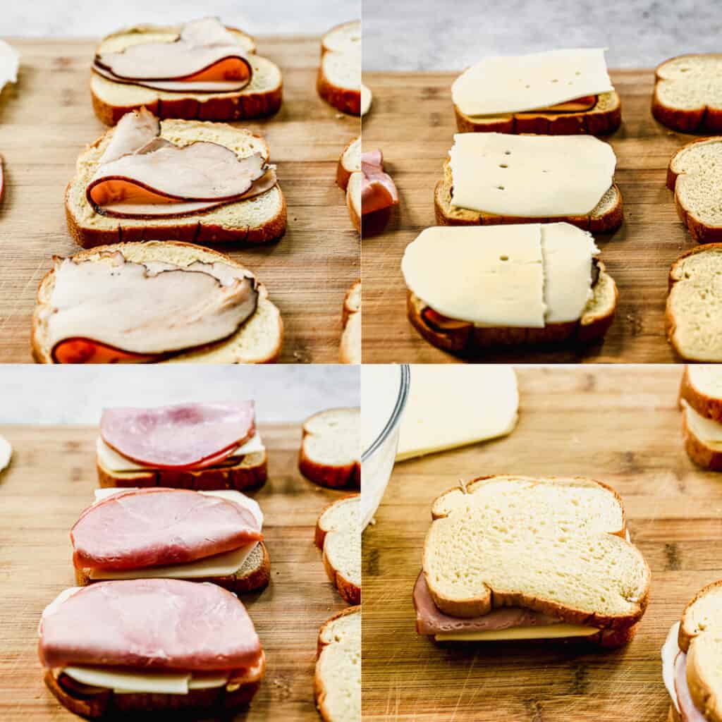 Kolase empat gambar yang menunjukkan proses merakit sandwich Monte Cristo dengan mustard, kalkun, keju swiss, dan ham.