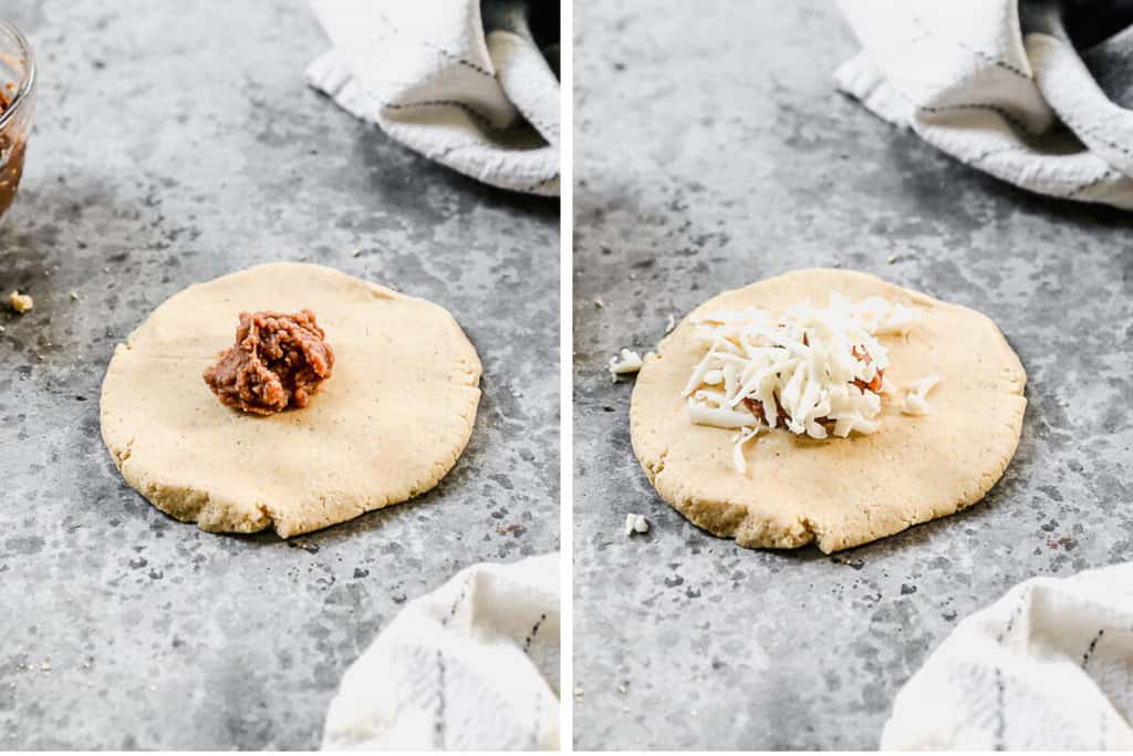 Two images showing the process of adding the filling for Pupusas. First, the refried beans, then the cheese.