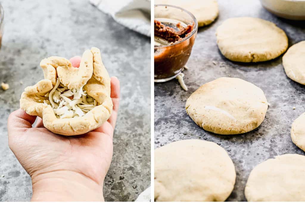 Two images showing how to form Pupusas. First, closing the dough around the filling, and then shaping into a disk.