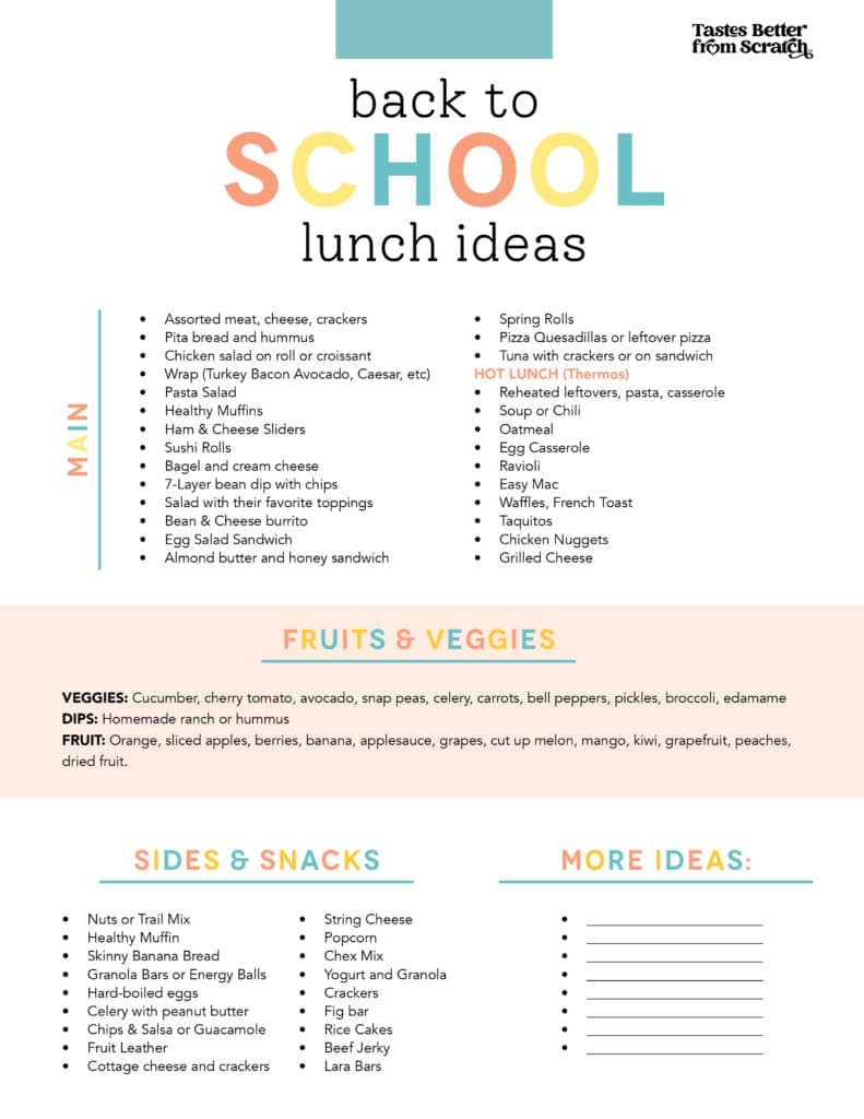 Back to school lunch idea pdf printable to give you a variety of ideas for school lunches.
