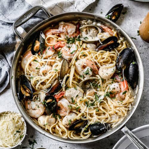 A pan of Seafood Pasta, ready to serve.