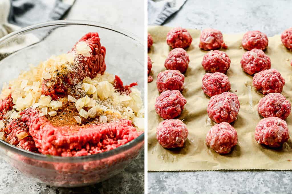 Two images showing meatball ingredients in a glass bowl, then shaped into meatballs on brown parchment paper.