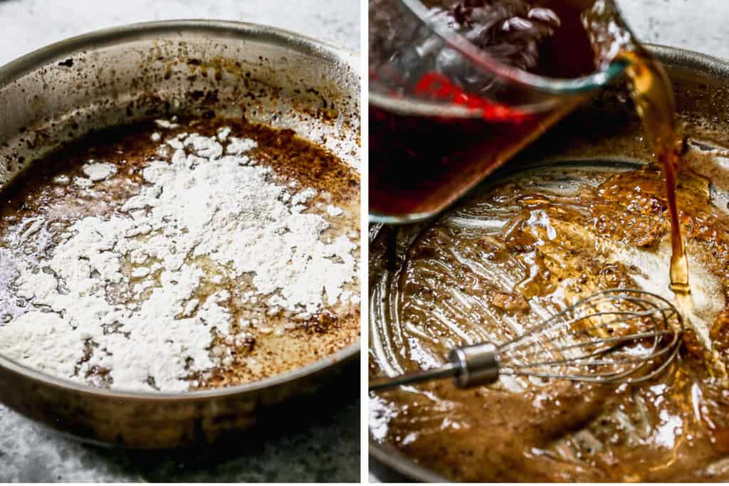 Two images showing the process to make the sauce for Swedish Meatballs.