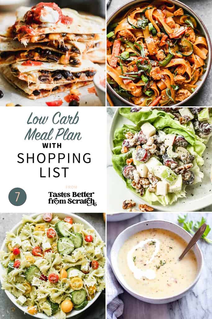 A collage of 5 dinner recipes from low carb meal plan 7.