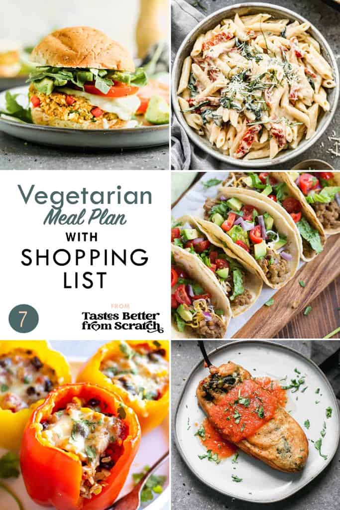 A collage of 5 dinner recipes from vegetarian meal plan 7.