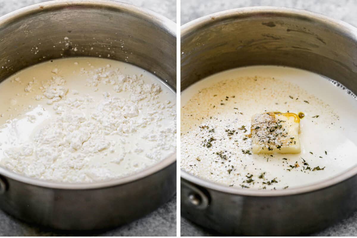 Dua gambar, yang pertama susu dan tepung maizena dalam panci, kemudian mentega dan bumbu ditambahkan untuk membuat Krim Pengganti Sup Ayam.