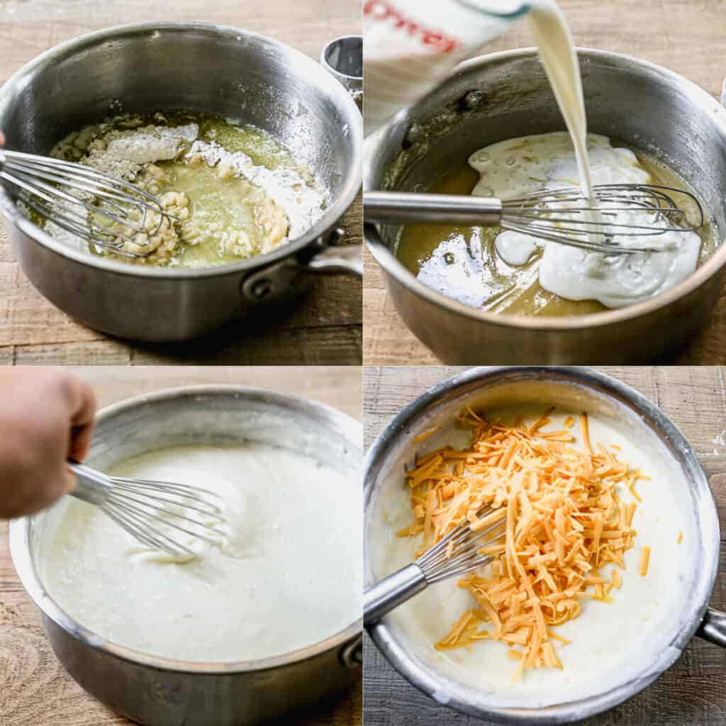A four image collage showing how to make the cheese sauce for Potatoes Au Gratin.
