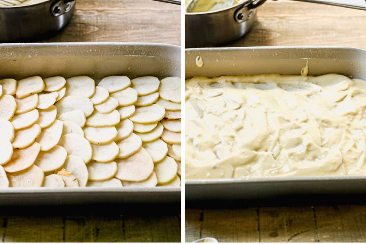 Dua gambar yang menunjukkan cara merakit Potatoes Au Gratin: pertama lapisi irisan kentang, lalu tuang saus keju.