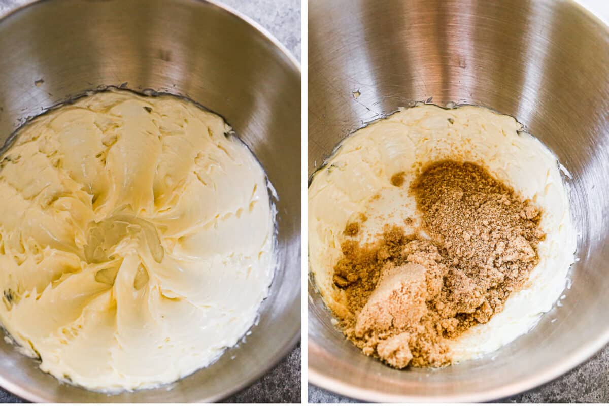 Two images showing butter and shortening being creamed, then brown and granulated sugar added in a stainless steel mixing bowl.
