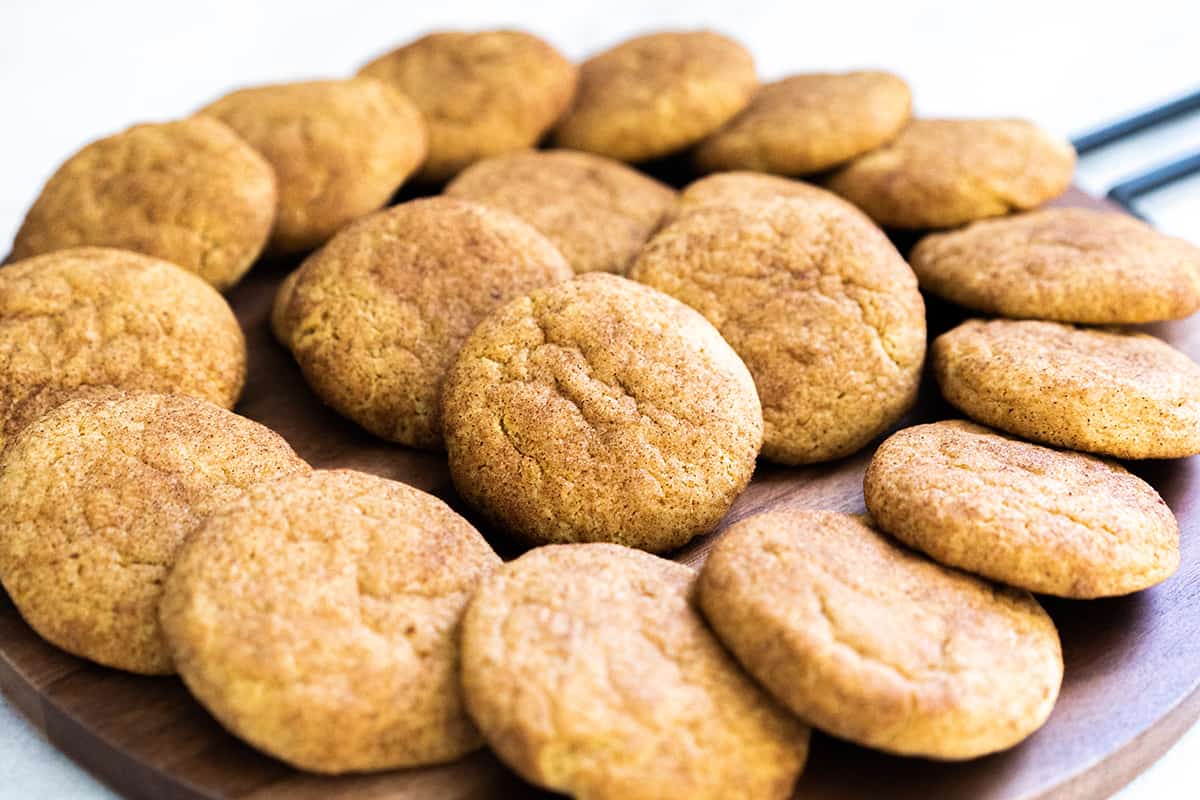 A platter filled with Pumpkin Snickerdoodle cookies, ready to be enjoyed.