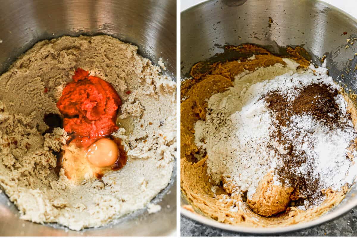 Two images showing the process of Pumpkin Snickerdoodle cookie dough: pumpkin and eggs being added, then the flour and spices. 