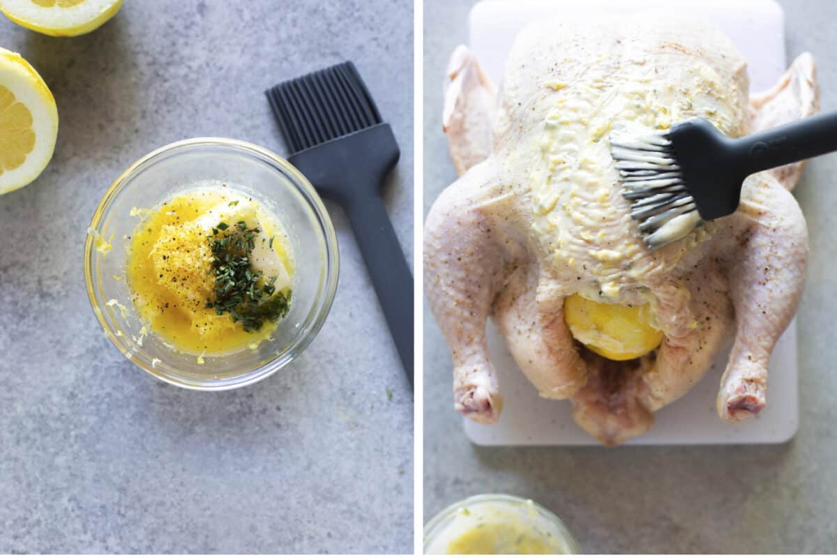 Two images, one of them showing a homemade herb butter in a small glass bowl, then the butter being spread on a raw chicken.