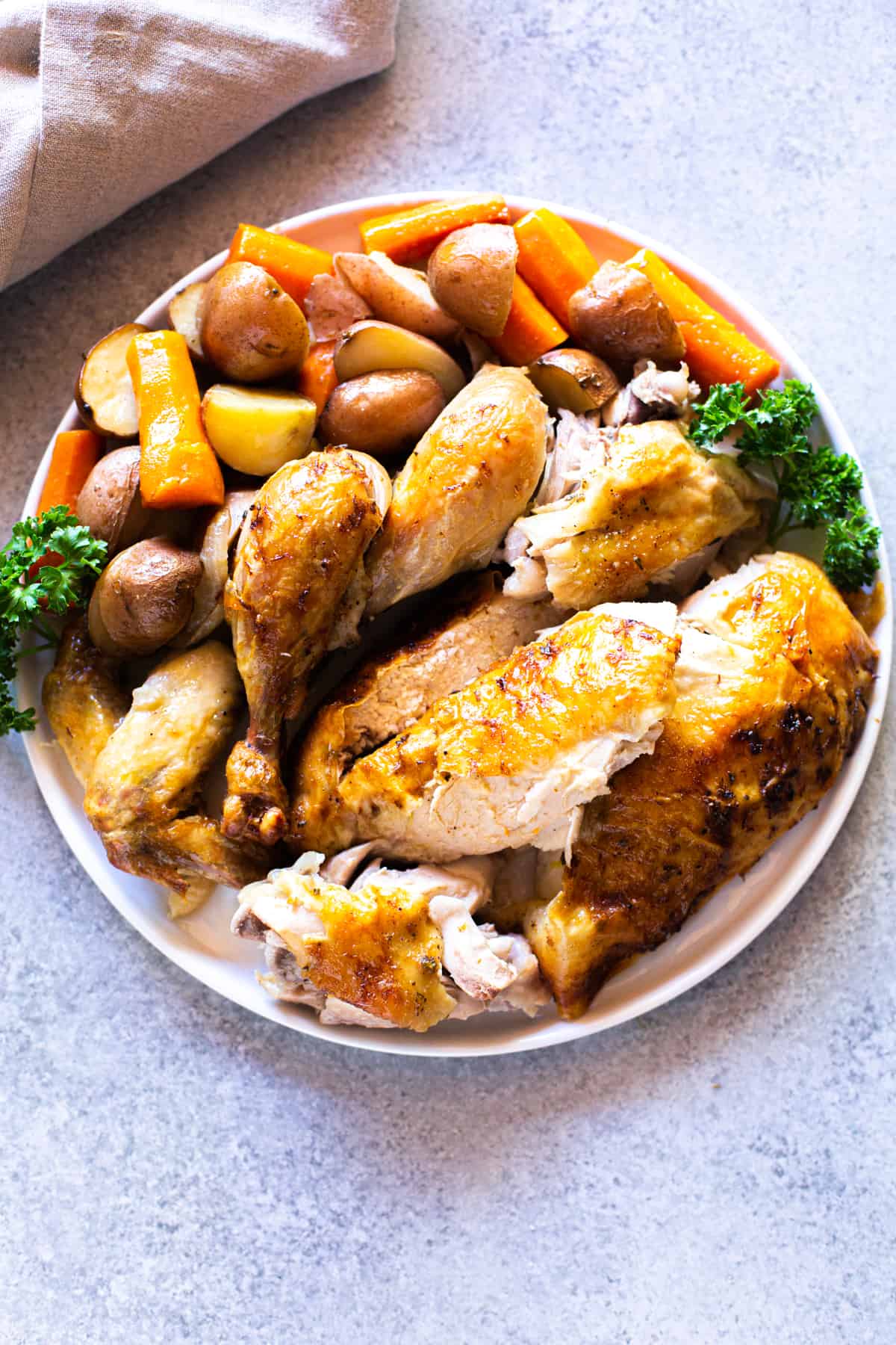 A plate filled with cut up roast chicken, and cooked vegetables; ready to eat!