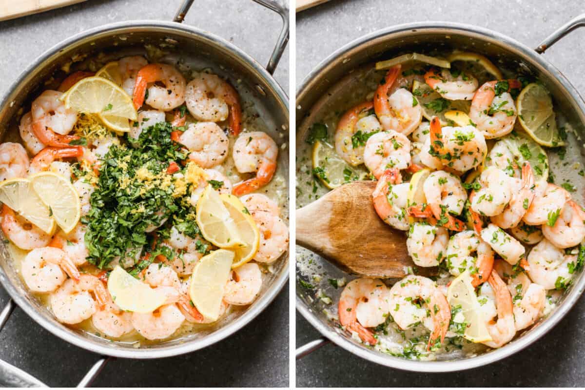 Two images showing parsley, lemon zest, lemon juice, lemon slices, and red pepper flakes being stirred on freshly cooked shrimp. 