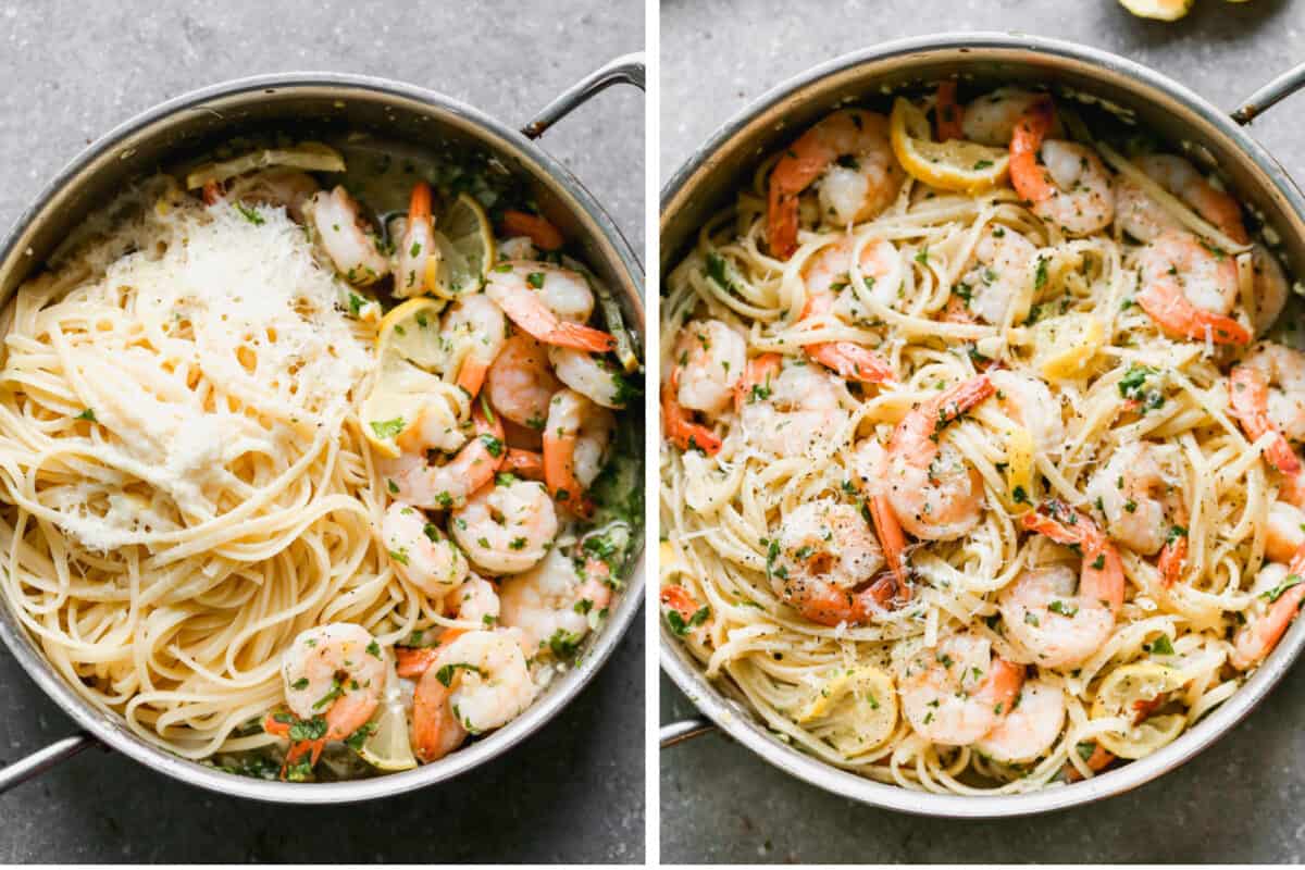 Two images showing linguine and parmesan cheese being added to shrimp pasta.