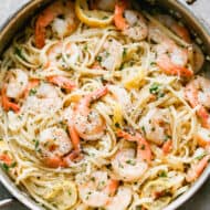 A pan filled with fresh Shrimp Linguine, ready to serve.